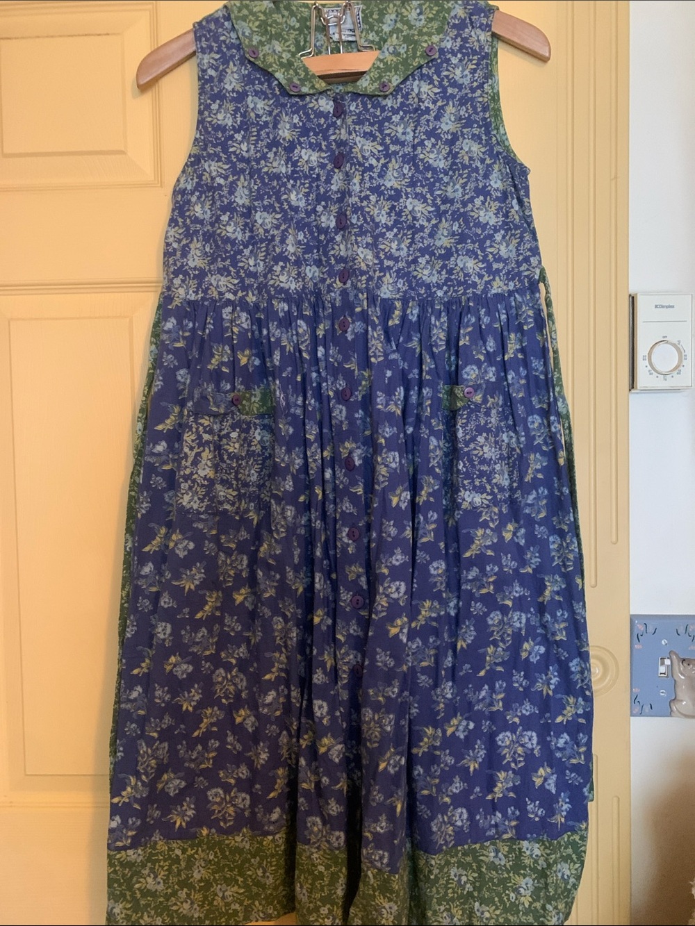 April Cornell Blue Green Floral Sleeveless Dress Cottagecore Prairie Button Up